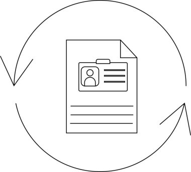 Dairesel oklarla çevrili, süreci sembolize eden ya da gözden geçiren, kimlik kartı olan bir belgenin basit bir çizgisi çizimi.