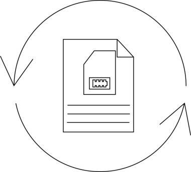 Basit bir çizgi, gömülü bir çip ve dairesel oklar ile sembolize edilmiş bir dosya dönüştürme sürecini resmeder..