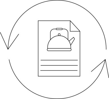 Çembersel oklarla çevrili, kettle illüstrasyonlu bir belgeyi tasvir eden basit bir çizgi sanat simgesi, bir süreç veya döngü öneriyor.