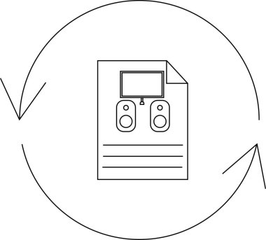 Dairesel oklarla çevrili televizyon ve hoparlörlü bir belgenin basit bir çizgi çizimi, bir döngü veya süreç öneriyor.