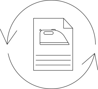 Bir belge üzerindeki ütü talimatlarını tasvir eden minimalist bir çizgi sanat simgesi, dairesel bir okun içinde, giysi bakımını ve kumaş tedavisini sembolize ediyor..