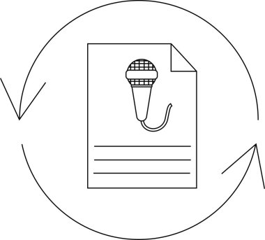 Bir belgenin üzerinde ses kaydı güncellemelerini ya da düzeltmeleri sembolize eden, yenilenmiş bir simge ile çevrelenmiş basit bir çizgi çizgisi çizimi.