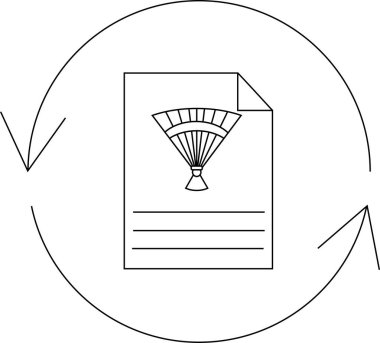 Fan illüstrasyonlu bir belge, belge yenileme veya güncelleme sürecini basit bir satır sanatı tarzında temsil eden dairesel oklarla çevrilidir..