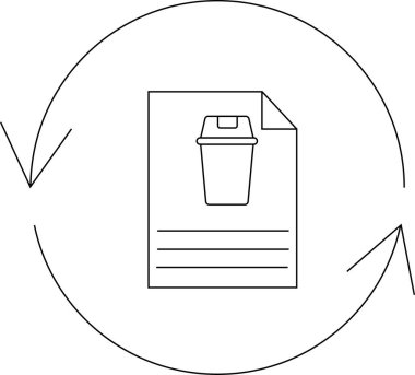 Geri dönüşüm belgesi simgesi, geri dönüşüm ve atık yönetimi kavramını temsil eden dairesel oklarla çevrili çöp kutusu sembollü bir kağıt içerir.