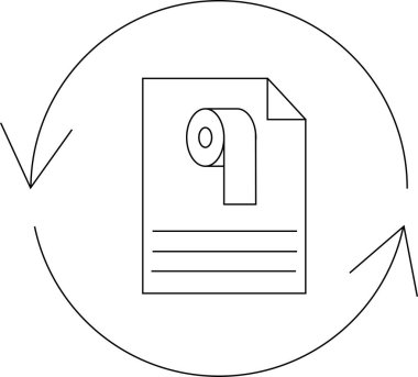 Tuvalet kağıdı rulosu ile bir belgeyi tasvir eden basit bir satır sanat simgesi, geri dönüşümlü kağıt ve sürdürülebilir atık yönetimi uygulamalarını sembolize ediyor.