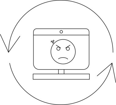 Bir bilgisayar kızgın bir yüzü yenilenmiş oklarla gösterir, sistem hatalarını, hayal kırıklığını ve sorun çözme veya güncelleme ihtiyacını sembolize eder.