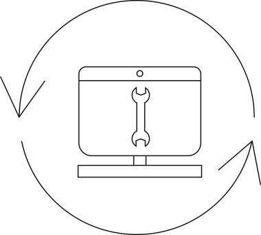 Ekranda ingiliz anahtarı olan bir bilgisayar monitörü tasviri, dairesel oklarla çevrili, onarım ve bakımı temsil ediyor..