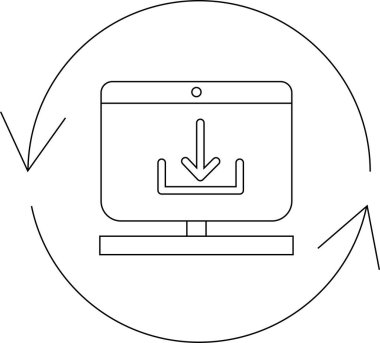 Merkezinde bir indirme simgesi olan, yazılım güncellemelerini veya veri aktarımını temsil eden dairesel bir okla çevrili bir bilgisayar ekranı.