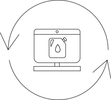 Çevrimiçi yakıt yönetim sistemini tasvir eden basit bir çizgi sanat simgesi, dairesel oklarla çevrili bir yakıt kabını gösteren bir bilgisayar ekranı tarafından temsil ediliyor..