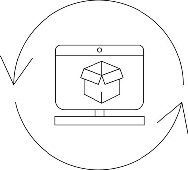 Bir bilgisayar ekranında, çevrimiçi düzen işleme ve dağıtımı sembolize eden, sürekli e-ticaret döngüsünü temsil eden dairesel bir okla çevrili açık bir kutu görüntülenir..