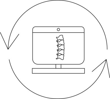 Bir bilgisayar monitöründe gösterilen, tıbbi görüntülemeyi ve teşhisi sembolize eden, dönen oklarla çevrili omurga röntgeninin stilize edilmiş bir çizimi..