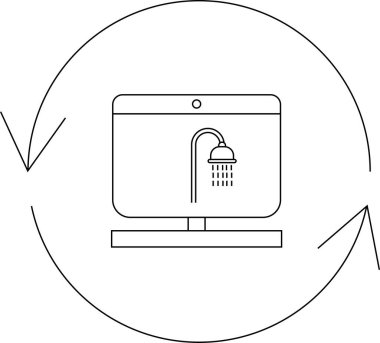 Yuvarlak bir okla çevrelenmiş, banyo yenilemesini sembolize eden bir bilgisayar ekranını tasvir eden minimalist bir simge.