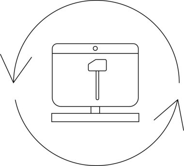 Dairesel oklarla çevrili bir çekiç gösteren bilgisayar ekranını tasvir eden basit bir çizgi sanat simgesi, onarım ve bakımı simgeliyor..