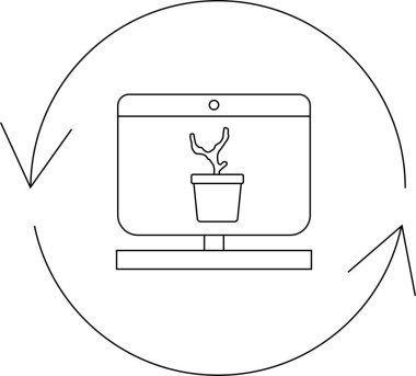 Bilgisayar monitörü, büyümeyi, teknolojiyi ve çevresel farkındalığı sembolize eden dairesel bir okla çevrili bir saksıda bitki görüntüler..