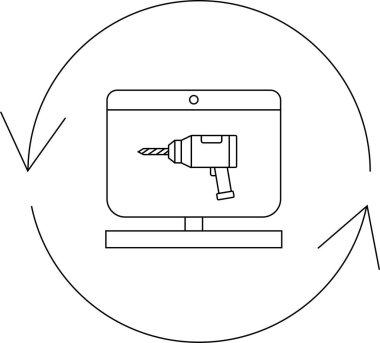 Bir bilgisayar monitörü, yazılım güncellemelerini veya donanım entegrasyonunu sembolize eden dairesel bir okun içinde kapalı bir matkap görüntüler..