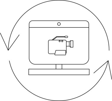 Bir bilgisayar ekranı, video düzenleme veya dönüştürmeyi sembolize eden, döndürme oklarıyla çevrili bir video kamera simgesi gösterir.
