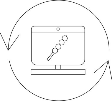 Bir bilgisayar ekranında, dijital bağlamda güncellemeleri veya senkronizasyonu sembolize eden dairesel bir okla çevrelenmiş bir dango şiş simgesi görüntülenir.