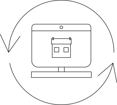 Kale simgesine sahip bilgisayar ve okları canlandırma illüstrasyonunu, teknolojiyi ve emlak ve oyun alanlarındaki güncellemeleri temsil ediyor.