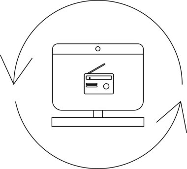 Dairesel oklarla çevrili bir radyo ikonunu gösteren basit bir çizgi çizimi, medya yayıncılığı veya yayıncılığı öneriyor.
