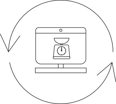 Dairesel oklarla çevrili, veri analizini ve teknolojik entegrasyonu sembolize eden bir bilgisayar monitörünün yer aldığı bir çizgi sanat simgesi.