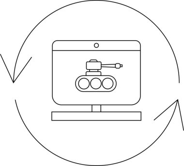 Bilgisayar ekranında gösterilen, dairesel oklarla çevrelenmiş, dijital çatışma ve teknolojiyi sembolize eden bir tank içeren siber savaşın kavramsal bir çizimi..