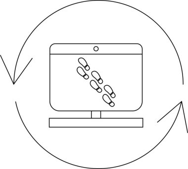 Bir bilgisayar ekranında, dairesel oklarla çevrili, dijital ayak izlerini sembolize eden ve minimalist bir tasarımla çevrimiçi izleme yapan ayak izleri gösterilir..