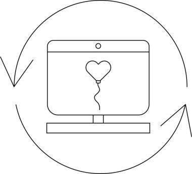 Bilgisayar ekranında, çevrimiçi randevu ve ilişkileri sembolize eden, bağlantı ve teknolojiyi temsil eden, dairesel bir okla çevrili, kalp şeklinde bir balon var..
