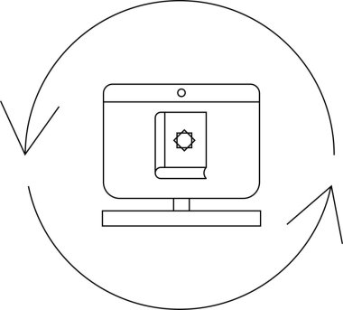 Bir bilgisayar ekranında, çevrimiçi oklarla çevrili, sürekli öğrenme ve çevrimiçi İslami eğitimin erişilebilirliğini sembolize eden Kuran gösteriliyor..