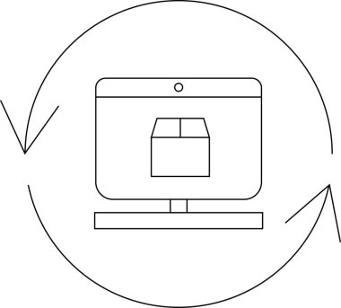 Dairesel oklarla çevrili bir paketi gösteren, çevrimiçi sıralama izleme ve teslim durumu güncellemelerini temsil eden basit bir bilgisayar ekranı çizimi.