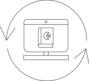 Bir bilgisayar ekranında, çevrimiçi İslami eğitim ve kaynakları sembolize eden hilal bir ay ve yıldız ile dairesel bir ok içinde Kuran gösteriliyor..