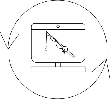 Balıkçı oltasını gösteren bir bilgisayar ekranı, online dolandırıcılığı ve veri hırsızlığını sembolize eden bir dolandırıcılık simgesi.
