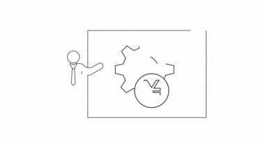 Bir ekranın yanında duran sunucunun finansal mekanizmaları temsil eden bir vites ve yen sembolünü gösteren basit bir tasviri.