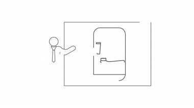 Su dağıtıcısının yanında duran kişiyi gösteren basit bir taslak çizimi, eğitici veya bilgilendirici içerik için mükemmel.