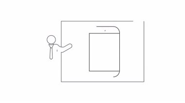 Bir adam, bir toplantıda yeni bir akıllı telefon modeli sunar, onun özelliklerini ve tasarımını izleyiciye gösterir..