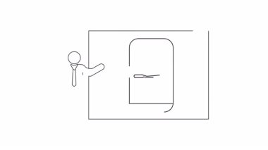 Diş fırçası tutacağı olan akıllı bir aynanın sunumu, basit bir çizgi çiziminde özelliklerini ve tasarımını gösterir..