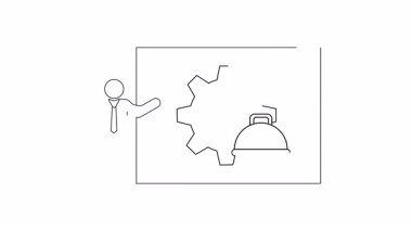 Bir çizgi çizimi, mühendislik veya teknik sunumlar için ideal bir donanım ve kalibreli illüstrasyonla bir panonun yanında duran sunucuyu gösterir..