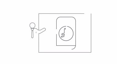 Bir ekranda mobil bir uygulama sunan bir kişinin taslak çizimi, basit ve temiz bir tasarımla özelliklerini ve faydalarını vurguluyor.