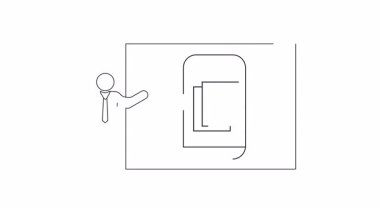 Bir adam ekranda mobil bir uygulama sunuyor, iş ve teknoloji teması için ideal. Basit satır sanatı tarzı.