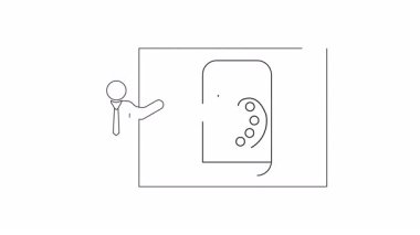 Çizgi sanatı animasyonu bir sunucunun mobil boyama uygulamasını tanıttığını gösteriyor. Sunumlar ve eğitim içeriği için basit ve temiz tasarım.