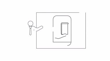 Bir ekranın içinde cep telefonu sunan birini gösteren basit bir çizgi çizimi. Teknoloji, iş dünyası veya sunum kavramları için ideal.