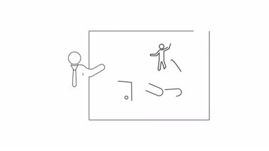 Bir iş sunumu dağda bir insanı destekleyen bir el çizimiyle bir tahtanın yanında duran birini gösteriyor..