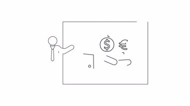 Bir sunucunun dolar ile avro arasındaki döviz alışverişini açıklayan basit bir çizgi çizimi, mali sunumlar ve eğitim materyalleri için ideal.