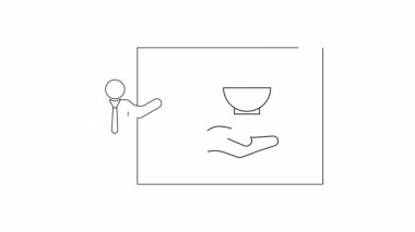 Yemek servisi sunumunun bir çizgisi sanat tasviri. Elinde bir kase yiyecek olan bir kişinin sunumu..