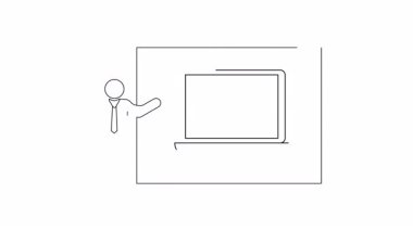 Ekranda elma laptopu sunan bir kişinin basit bir çizgi çizimi, eğitim teknolojisi veya sunum kavramları için ideal.