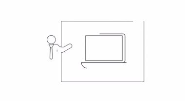 Bir sunucu ekranda dizüstü bilgisayarda bir hayaleti gösteriyor, dijital gizemleri ve teknik zorlukları ima ediyor..