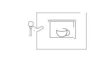 Bir dizüstü bilgisayar ekranını işaret eden bir sunucunun çizgi çizgisi sanat tasviri buharlı bir kahve fincanı sergiliyor, iş ve teknoloji temaları için ideal.