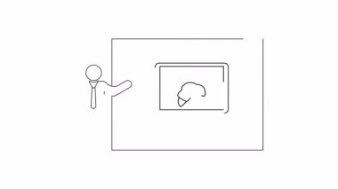 Laptop ekranında kruvasan bulunan bir iş sunumunun basit bir çizimi, yemek teknolojisi veya çevrimiçi fırın hizmetleri için mükemmel..