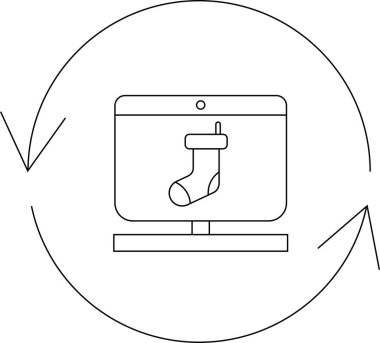 Bilgisayar ekranında sergilenen bir Noel çorabının minimalist çizgi sanat simgesi, yenilenmiş oklarla çevrili, güncellemeleri sembolize eden veya çevrimiçi alışveriş.