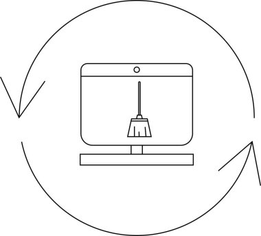 İçinde süpürge simgesi olan bir bilgisayar ekranı, dairesel oklarla çevrili, sistem temizliği ve bakımını temsil eden.