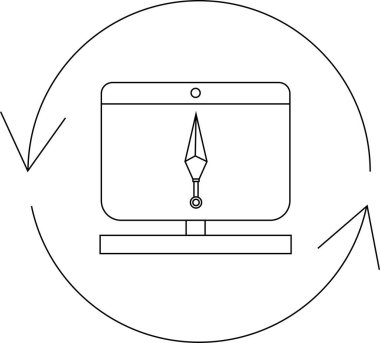 Bir bilgisayar monitörü dairesel oklarla çevrili bir kunai görüntüler, yazılım güncellemelerini ve minimalist dizayndaki teknolojik gelişmeleri sembolize eder.